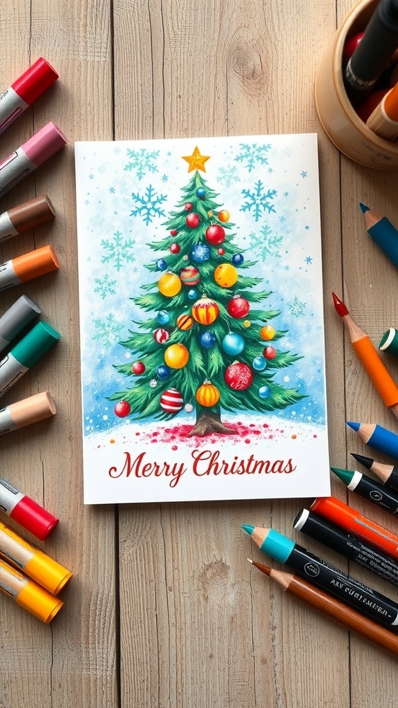 An oil pastel Christmas card with a colorful Christmas tree and snowflakes on a wooden table.